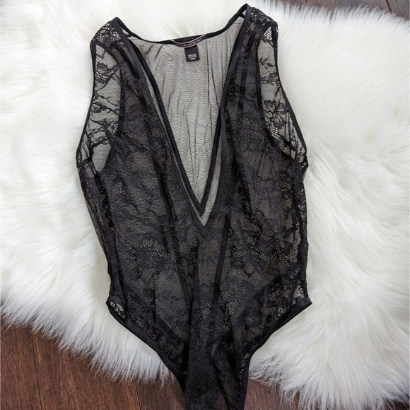 Victoria's Secret Tops - Victoria’s Secret Plunge Neck Black Lace Bodysuit M Medium